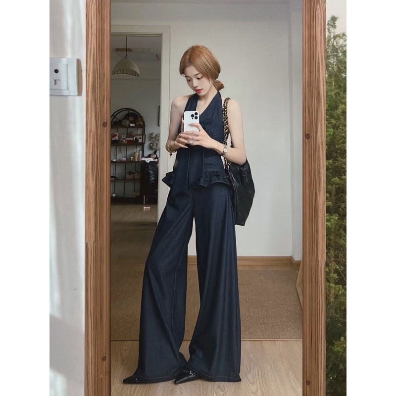 2025 New Summer Korean Style Chic Complete Set of Super Nice Halter Tops and Denim Wide-Leg Pants Two-Piece Suit