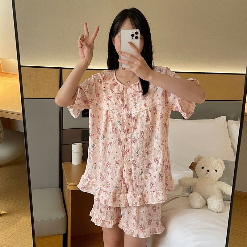 Pijamas de algodón nubes al por mayor transfronterizos mujeres con cojín de pecho cardigan de verano pantalones cortos de mangas cortas dulces y sueltos set de ropa para el hogar
