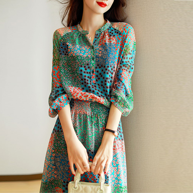 68330 Red and Green Long-Sleeved Silk Dress Spring & Fall Mid-Length Skirt Elastic Waist Slim Elegant Summer New Style
