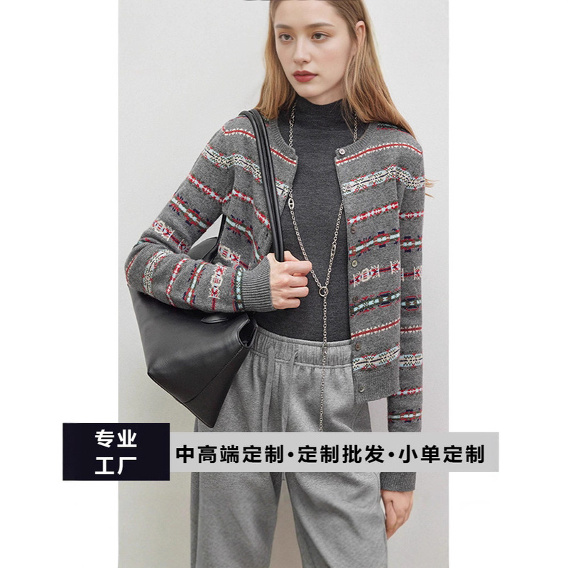 Factory Processed American Retro Striped Round Neck Wool Cardigan Sweater for Women Autumn and Winter Design Plaid Splicing Cardigan