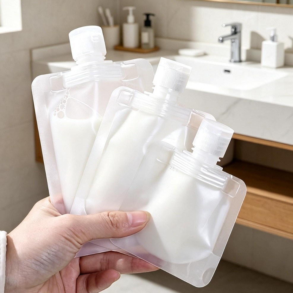 Bolsas de viaje rellenables, bolsas de cosméticos portátiles con boquillas de succión, limpiador facial, gel de ducha, loción, bolsas selladas al por mayor.