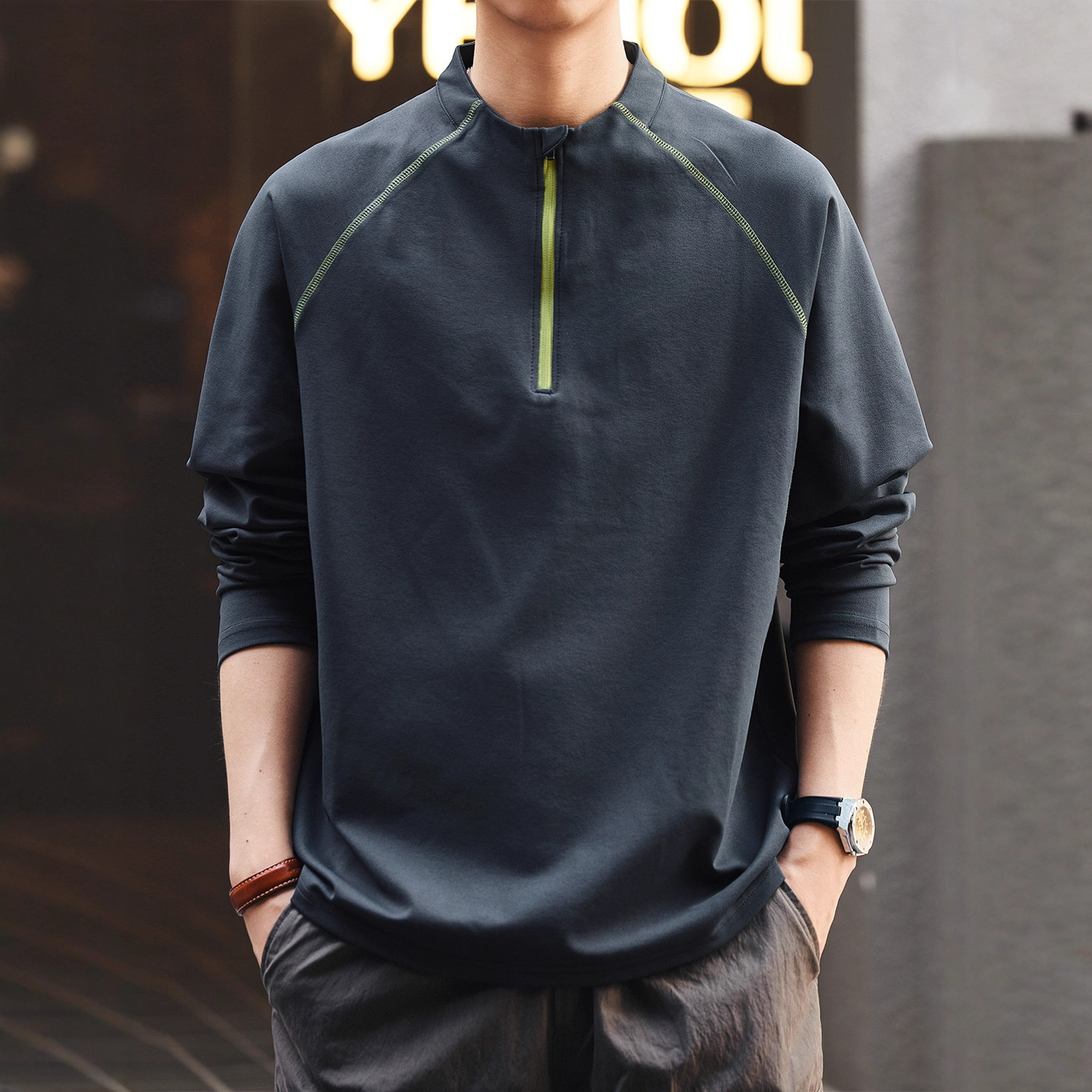 Green Deer Mountain Series Outdoor Cycling Hiking Long-Sleeved T-Shirt Men's Autum Trendy Brand Ins Half-Zip Sports Quick-Drying Clothing