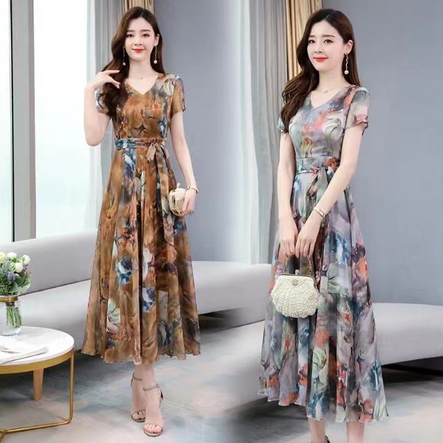 2024 New Summer French Retro Dress Summer Slim Floral Imitation Ice Silk Swing Beach Long Skirt