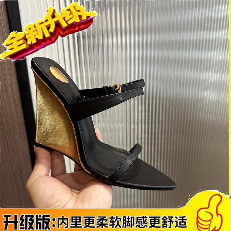 Yangshulin ゴールデンウェッジサンダル女性のための 2025 夏の新しいアウターファッション新しいスタイルスカートハイヒールの靴女性のための|undefined