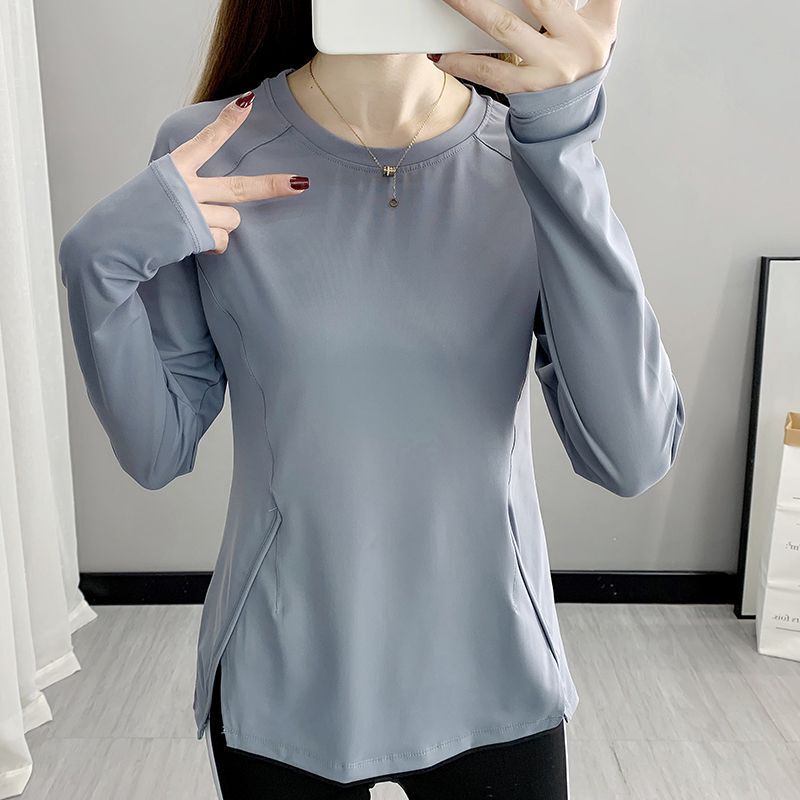 plus size Round Neck Quick-Drying Clothes Long-Sleeved T-Shirt Women's Spring and Autumn Elastic Breathable Sweat-Absorbing Running Fitness Quick-Drying Sweat Shirt