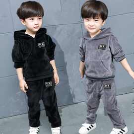男童加绒运动套装儿童金丝绒休闲秋冬装男孩中童卫衣两件套薄绒潮