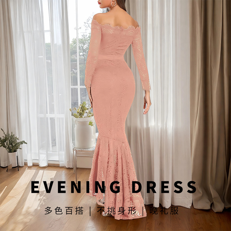 Amazon's New Women's Floral Lace Long-Sleeved Off-Shoulder Wedding Mermaid Long Dress with Hip-Covering Evening Dress