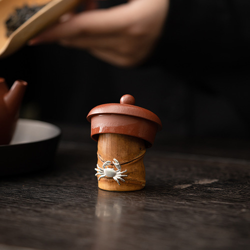 Luohan Bamboo root cover with pot cover, bamboo cover with teapot small cover, silver high-end tea table and tea pet ornaments