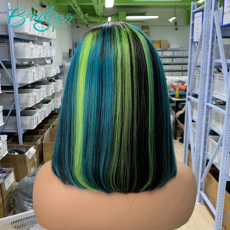 Parrucca bob in capelli umani con meches blu e verdi_voghion.com