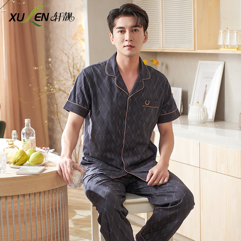 Pijamas de mediana edad para hombres de verano Delgado 100% algodón de manga larga para hombres de verano suelto traje para el hogar