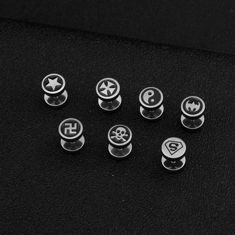 跨境不易过敏钛钢杠铃 男士耳钉时尚哑铃耳环黑色街头潮人韩版饰