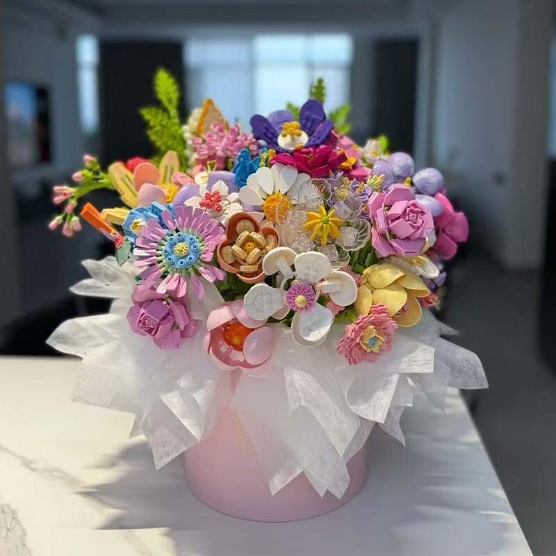 钻马积木花永生花束抱抱桶仿真花小颗粒积木DIY玩具七夕女生礼物|undefined