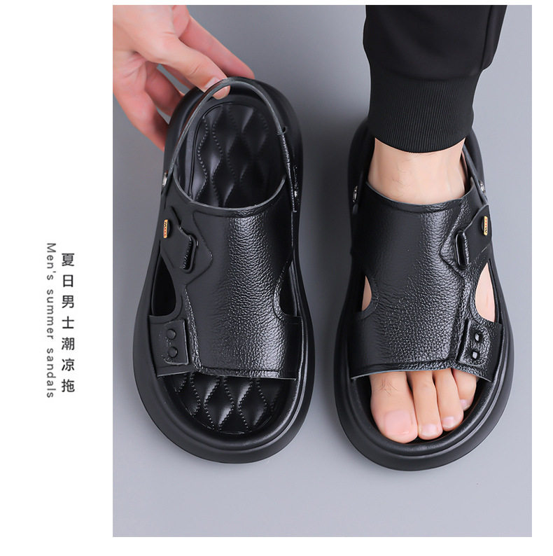 Dép sandal nam da bò lớp đầu đế dày xốp, quai hở ngón kiểu lười thoáng khí — G2S562 màu nâu, G2S562 màu đen chi tiết 17