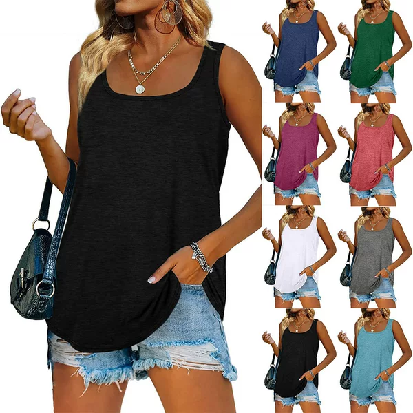 2024 Amazon New Wish European and American Popular Summer Sleeveless Square Collar Pure Color Vest T-Shirt Cross-Border Export Women