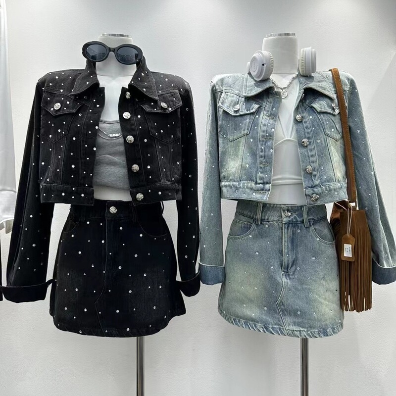 2026 Spring Women's Korean Style Design-Forward Denim Jacket + Skirt-Pants Set with Heavy Rhinestone Embellishments and Turn-Down Collar Short Jacket