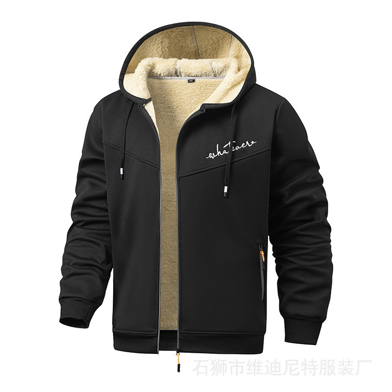 Cross-Border Special Edition European Size Embroidered Cashmere Jacket Men's Autumn and Winter New Cardigan Hooded Sweatshirt Plus Velvet and Thickening