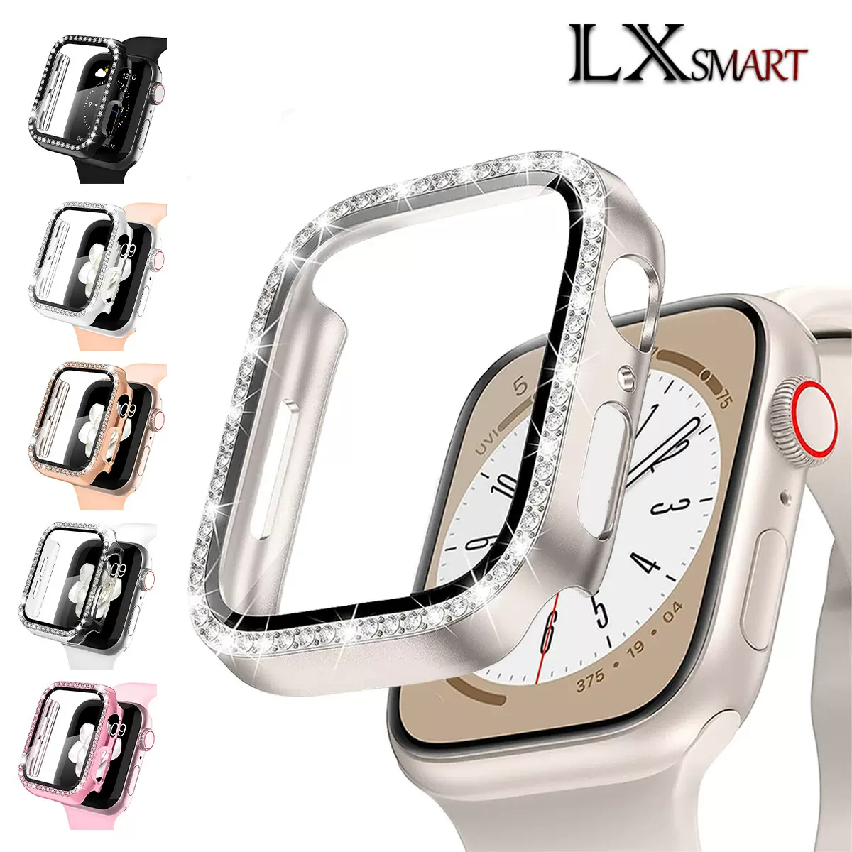 适用苹果S10镶钻表壳iwatch PC单排镶钻表壳 PC+钢化膜一体保护套