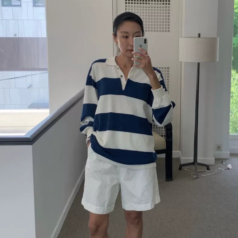 New H2026 Spring Collection Korean Dongdaemun Not*Ing Written Striped Polo Collar Knit Top