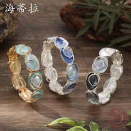 跨境热销彩色画油不规则椭圆弹力手镯 女士百搭高级感几何手链