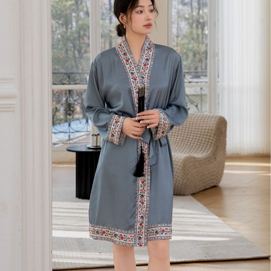 Wow Customized Ice Silk Nightgown for Women Summer Plus Size Spring and Autum Long-Sleeved Mid-Length Nightgown Chinese Style Home Wear Pajamas