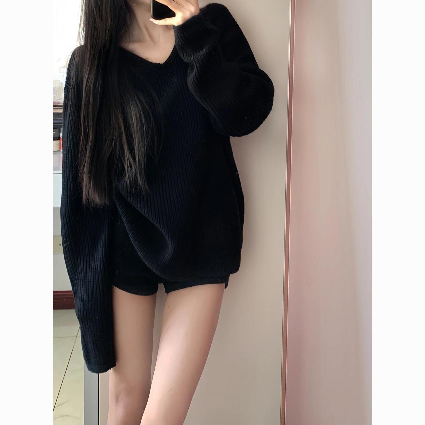 宽松V领毛衣女慵懒风秋冬新款高级松弛感套头针织衫外穿上衣