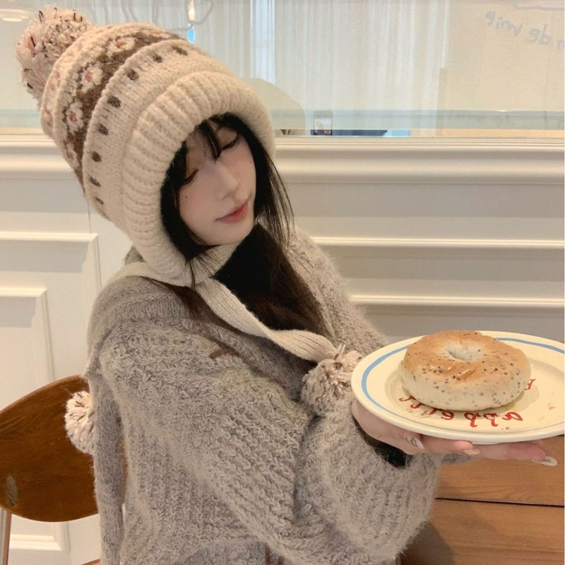 费尔岛风提花护耳帽子女冬季韩系户外保暖针织毛线帽显脸小套头帽|undefined