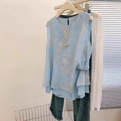 新しい中国風の刺繍ブルーシャツベスト女性のノースリーブトップハイエンドデザインニッチ2025新しいスタイル