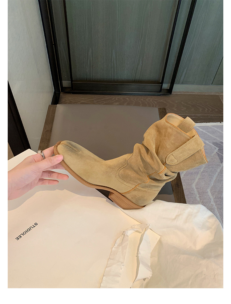 Kurze Westernstiefeletten aus Leder für Damen mit offener Spitze und klobigem Absatz_voghion.com