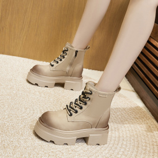 Inner Heightening Boots for Women 2025 Autumn and Winter New Retro Mid-Calf Boots for Women Versatile Thick-Soled British Lace-Up Short Boots
