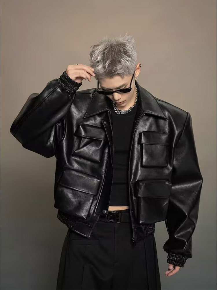 Korean style oversized leather jacket for men, loose fit, casual and versatile outerwear, new style for spring and autumn 2024.