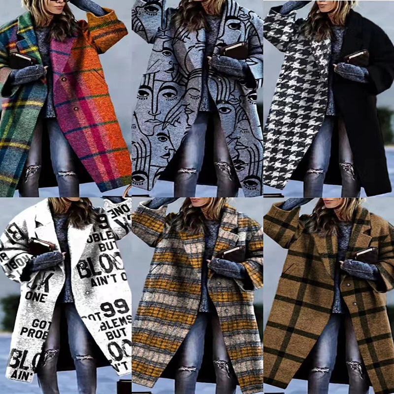 2025 European and American Autum Cross-Border Women's Clothing, Various Color-Blocked Plaid Long-Sleeved Lapel Outwear, Printed Dragon and Phoenix Woolen Outwears
