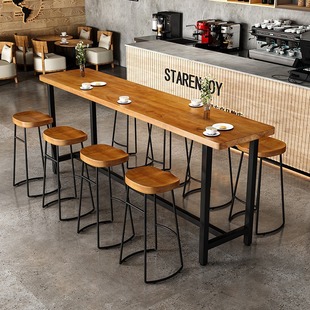 Nordic Iron Solid Wood Long Table Bar Milk Tea Shop High Bar Table and Chair Combination Dessert Shop Wall Bar Table