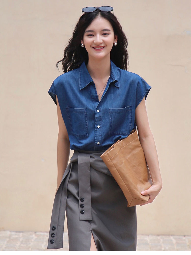 Áo hai dây nữ cổ POLO phong cách retro Hong Kong, form rộng đi làm — màu xanh đậm