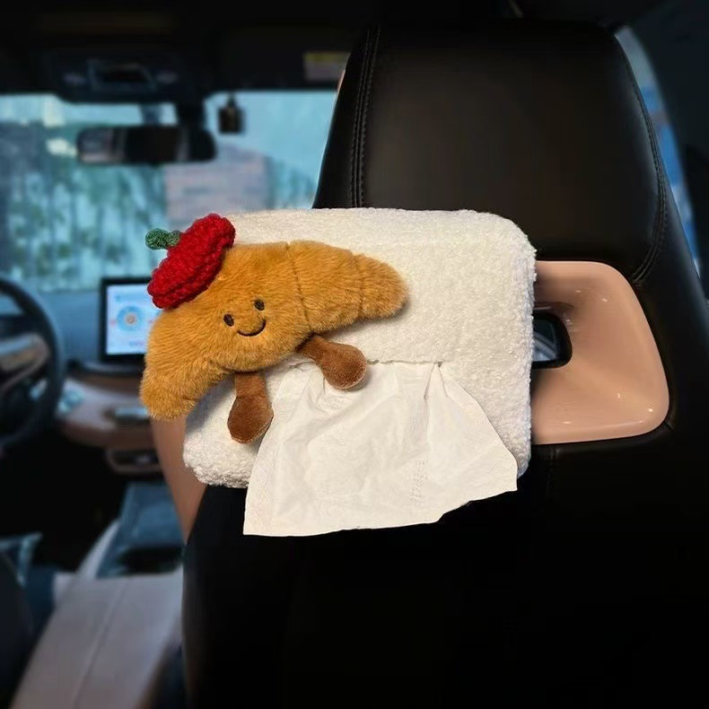 Cute Croissant-Shaped Car Tissue Holder, Creative Car Seat Back Tissue Bag, Car Armrest Box Tissue Box for Girls