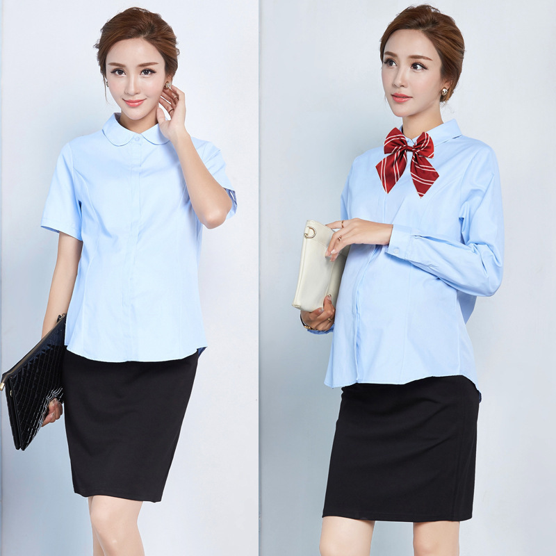Yunshibai Maternity Wear Pure Cotton Maternity Professional Shirt White Shirt Work Wear Short-Sleeved Formal Top 3038