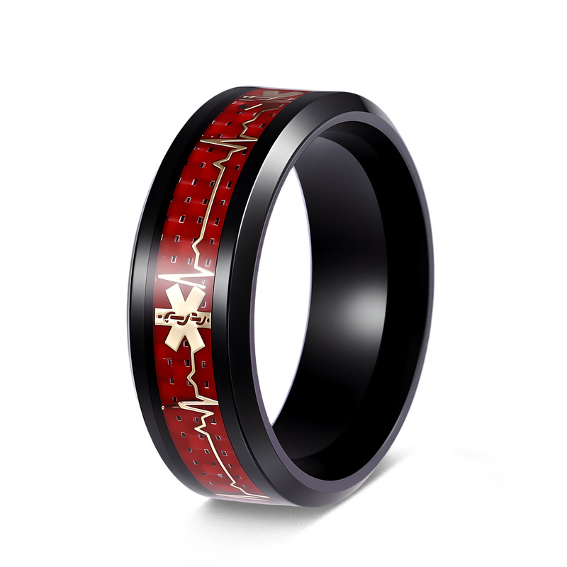 Half-Price Clearance Red Carbon Fiber Medical Symbol Titanium Steel Ring New Heart of Life Jewelry Men's Hand Accessory