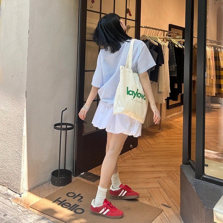 2025新款复古圆头条纹系带红色德训鞋女平底休闲运动阿甘板鞋|undefined