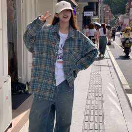 跨境美式复古格纹长袖衬衫春秋季男女休闲外套痞帅衬衣外套新款