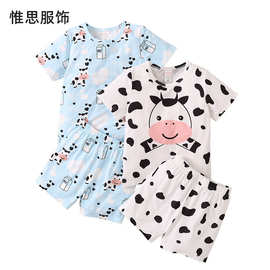 定制儿童睡衣 夏季薄款短袖短裤套装 家居服女童可爱奶牛睡衣套装
