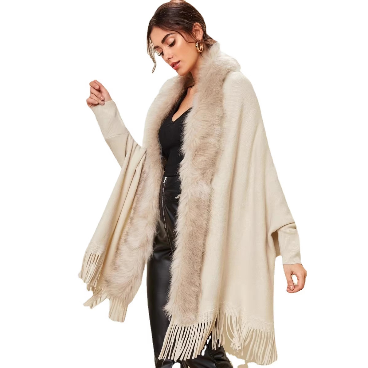 Suéter de mujer para comercio exterior europeo y americano 2026, cárdigan tipo abrigo con cuello de piel para otoño e invierno, ideal para plataformas independientes de Amazon.