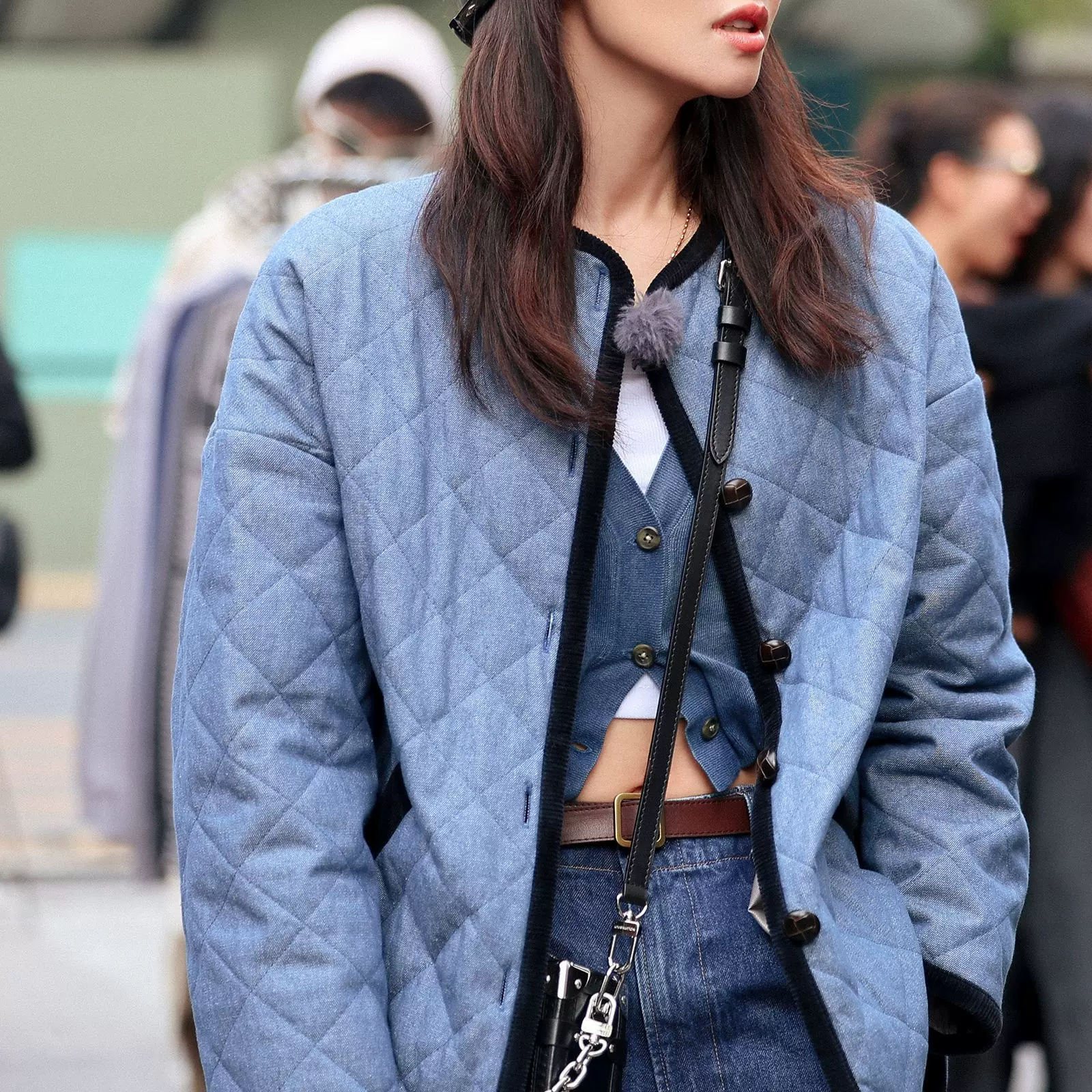 花少同款棉衣宽松菱格绗棉牛仔蓝色棉服显白秋冬保暖厚休闲外套女