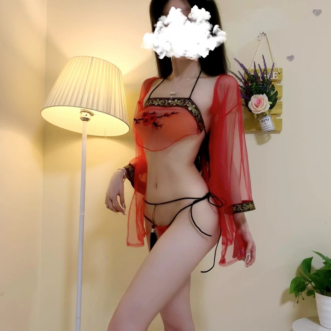 Hanfu-Style Palace Concubine Costume Set with Halter Bellyband, Sheer Dress and Red Fishnet Stockings — detail image 2