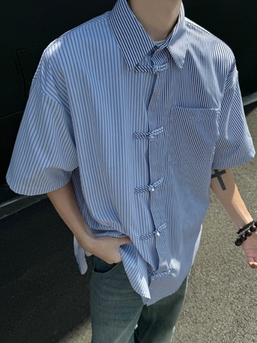 Striped Short-Sleeve Shirt for Men - Summer American Retro INS Trend Brand Loose Five-Sleeve Collar Shirt