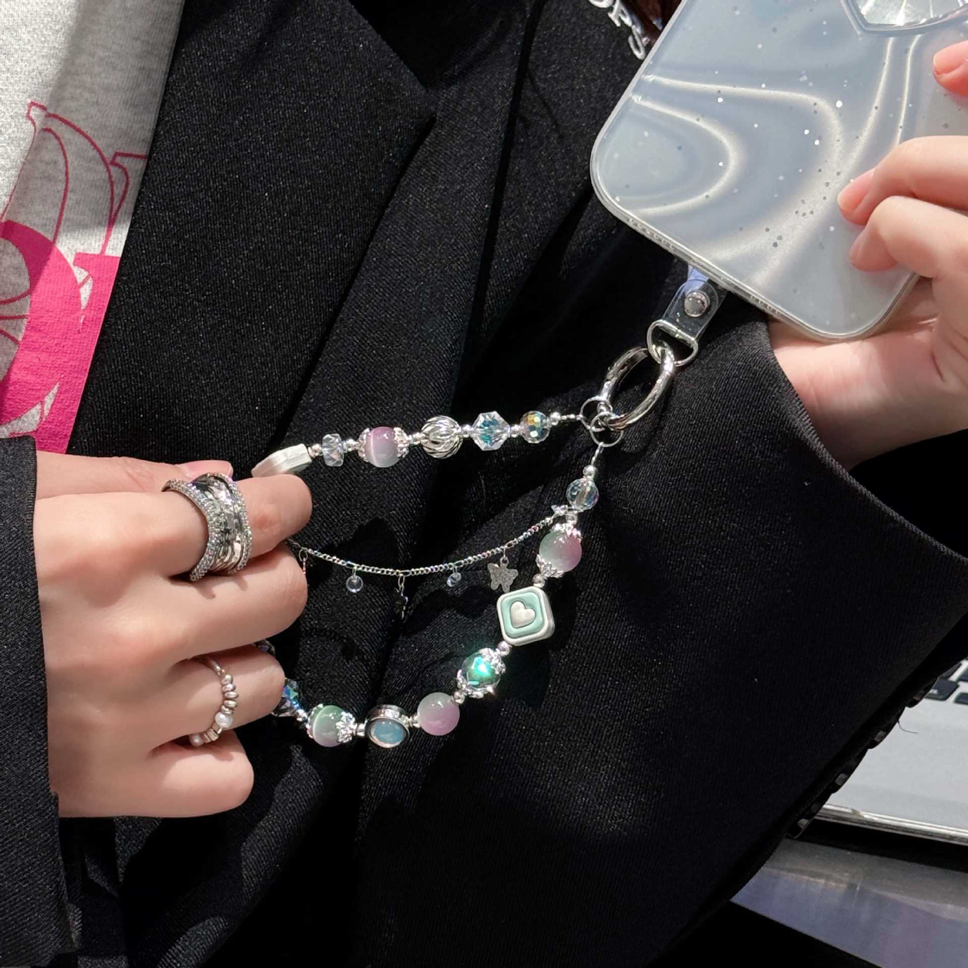 Hecha a mano y de alta calidad, colgante de teléfono móvil, pulsera de mariposa de conejo, pulsera de moda, colgante de teléfono móvil corto, pulsera corta