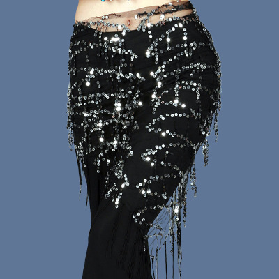 Belly dance black gold hip scarf sequined tassels wrap skirts for women indian queen belly dance stage performance triangle scarf exercises Practice modern dance waist chain scarf 