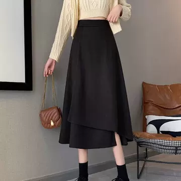 Large Size Midi Irregular High Waist Korean Style Hip Covering Umbrella Skirt Large Swing Skirt Black Skirt Women's Spring and Summer A- line Skirt