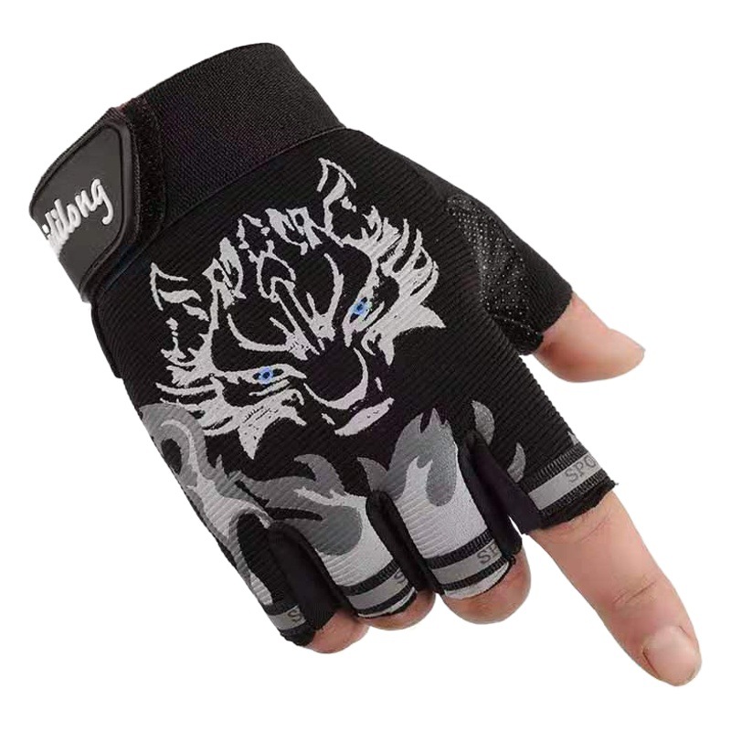 Guantes de medio Dedo de equitación nuevos hombres y mujeres cabeza de lobo guantes de fitness al aire libre transpirable Delgado táctico guantes de los niños