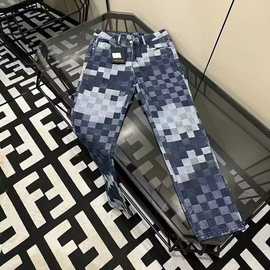 棋盘格牛仔裤男秋季新款直筒裤宽松潮男长裤潮牌网红美式外穿裤子