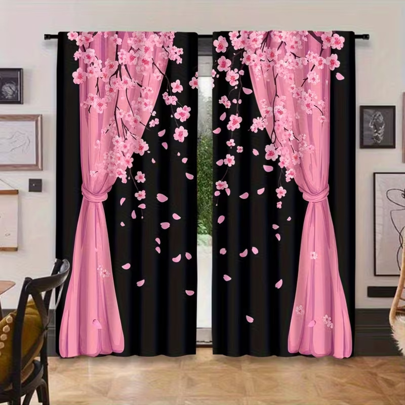 Amazon's New Pink Plum Blossom Black and White Plaid Creative Printed Curtains for Living Room and Bedroom Atmosphere Decoration Blackout Curtains Amazon's New Pink Plum Blossom Black and White Plaid Creative Printed Curtains for Living Room and Bedroom Atmosphere Decoration Blackout Curtains