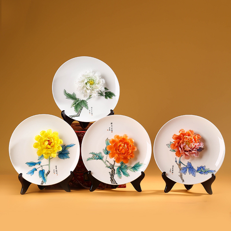 Ceramic Hand-painted Peony Flower Hanging Plate Ornaments Household Living Room Wine Cabinet TV Cabinet Antique Rack Decorative Crafts
